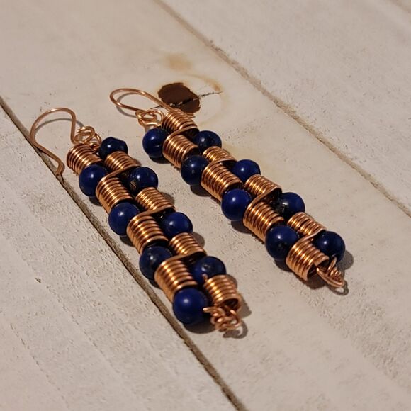 Handmade Copper Coil Bead Earrings – Artisan Dangle Jewelry with Blue Beads - Picture 6 of 7